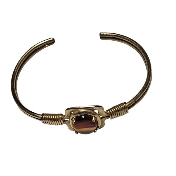 Vintage Elegant Brown Agate Cabochon Gold Tone Cuff Bracelet Fashion Jewelry - Picture 3 of 5